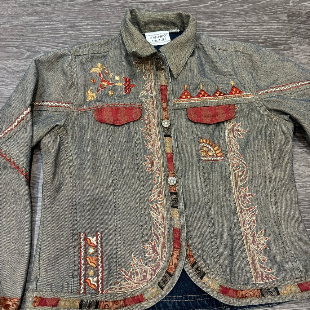 Embroidered Patchwork Jean Jacket - image 1